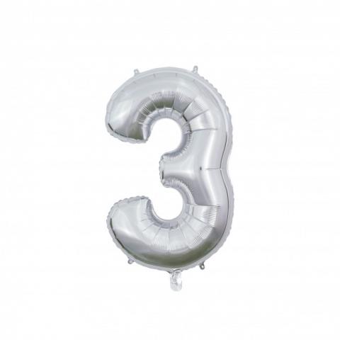 Figurfolieballong, siffra 3 silver 66cm